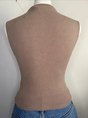Zara Sleeveless Ribbed Cotton Blend Knit Mock Neck Tank Top - Taupe Brown thumbnail 4
