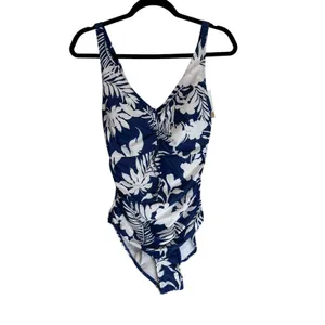 B2PRITY Navy White Tropical Floral Ruched‎ One Piece Swimsuit Women's Small thumbnail 6