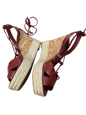 White House Black Market Red Leather Tie -Up Espadrille Cork Wedge Sandals thumbnail 4