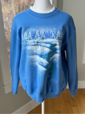 Vintage 80s 90s Cottagecore Blue Winter Scene Sweatshirt Rhinestone Accents Sz M thumbnail 1