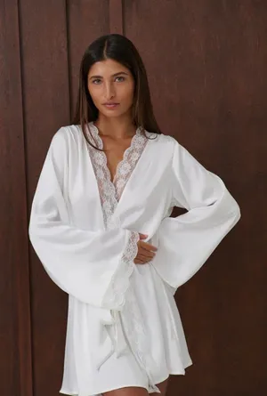 NEVER WORN White Silk Lace Trim Robe - Kat the label thumbnail 1