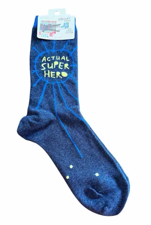 Blue Q Navy Crew Socks with Yellow 'Actual Super Hero' Text thumbnail 1