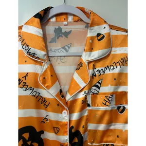 Halloween Pajama Set Pumpkin Bat Candy Satin Button Shirt Shorts XL Spooky Cute thumbnail 2