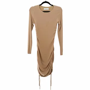 HELLO MOLLY Ribbed Knit Bodycon Ruched Tan Brown Midi Dress Sz M thumbnail 3