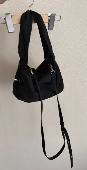 Black nylon shoulder bag with adjustable straps thumbnail 1