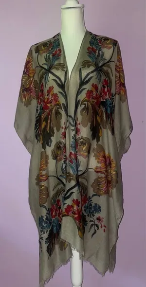 Tan Boho Floral Ruana Longline Shawl Lightweight Wrap thumbnail 1