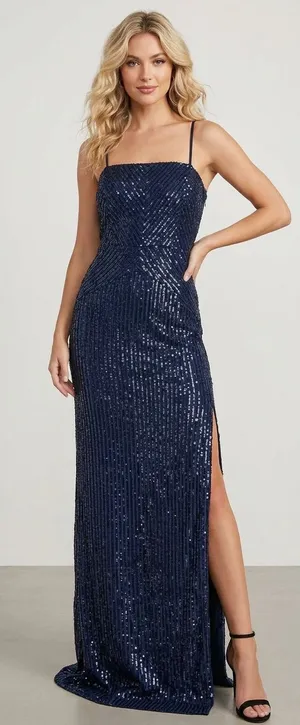 Emerald Sundae Navy Blue Sequin Column Gown Formal Dress Side Slit Size M NEW thumbnail 1