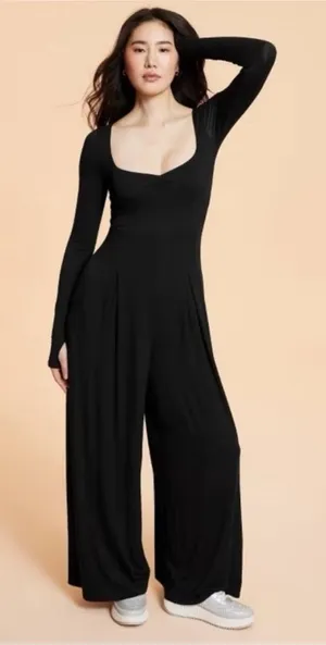 Blogilates Black Long-Sleeve sweetheart neck Wide-Leg Jumpsuit thumbnail 1