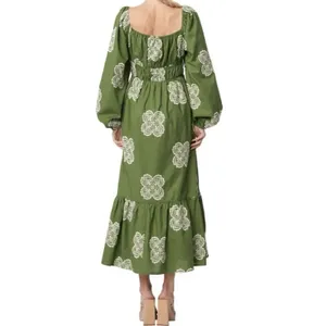 CIEBON Serbita green white Embroidered tiered peasant Dress Size Small Linen thumbnail 2