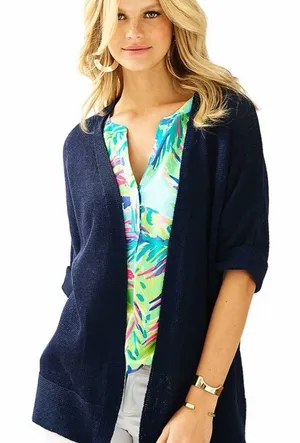 Lilly Pulitzer Navy Harbour Kimono Cardigan Dolman Open Front Wrap XS C26-015 thumbnail 1