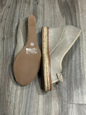 Tory Burch Espadrille Wedge Peep Toe Bow Pumps Metallic Beige. thumbnail 6