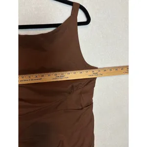 Commense Brown Cotton Linen Ruched Draped Mini Dress Boat Neck NWT Size L thumbnail 6