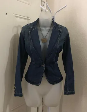 St. John Collection Y2K Dark Navy denim jean blazer jacket one button pockets long sleeve #preppy #grunge #goth dark academia #steampunk office siren core #2000s Size S-Measurement in pics thumbnail 1