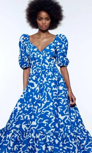 Zara Womens XS Printed Pop Puff Sleeve Maxi Dress •Surplice Neckthe tag is off thumbnail 12