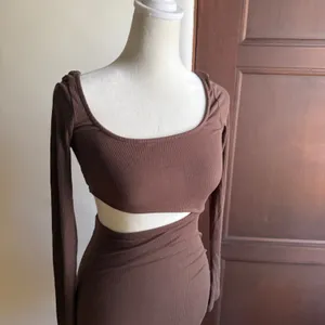 BAYSE | Brown RIbbed Cutout Midi Long Sleeve Dress | Small thumbnail 3