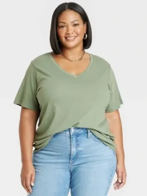 Ava & Viv Women’s Plus Sz 4X V-Neck T-Shirt Olive Green Short Sleeve 100% Cotton thumbnail 1