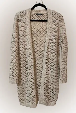 moon & madison Open Knit Cardigan Oatmeal Natural Crochet Neutral Sz M thumbnail 1