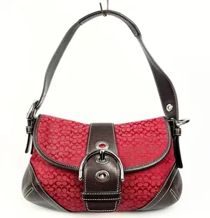 RARE Vintage Coach Mini Soho Signature Red Jacquard Brown Leather Flap Buckle Shoulder Bag thumbnail 1