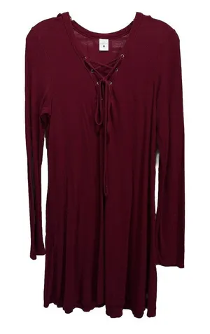 Empyre Burgundy Ribbed Lace Up‎ V Neck Long Sleeve Size Large Midi Dress thumbnail 1