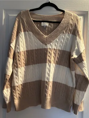 Vince Camuto Cream and Tan Striped V‑Neck Cable Knit Sweater thumbnail 1