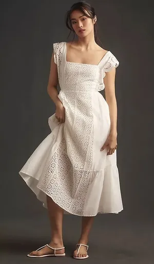 English Factory Eyelet Sleeveless Square Neck Maxi Dress in White Size Large thumbnail 1
