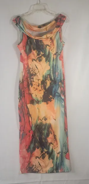 Vibrant Abstract Watercolor Sleeveless Cowl Neck Maxi Dress Orange Teal Size L thumbnail 1