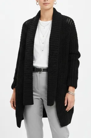 POL Black Cozy Fuzzy Soft Oversized Open Front Knit Sweater M thumbnail 1