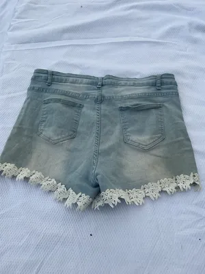 Washed Light Blue Denim Shorts with Lace Trim thumbnail 5