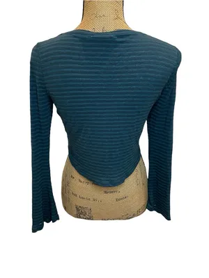 Dark Teal Long Sleeve Scoop Neck Striped Crop Top thumbnail 2