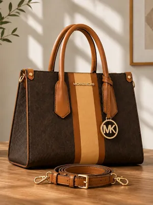 Michael Kors Signature Stripe Satchel Brown Gold Charm NWT thumbnail 1