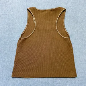 Caroline Constas New York Ribbed Checkered Trim Tank Size XS in Brown thumbnail 5