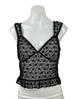 Victoria + Sophia Black Floral Lace Sleeveless Ruffle Sheer Crop Tank Top Size L thumbnail 1