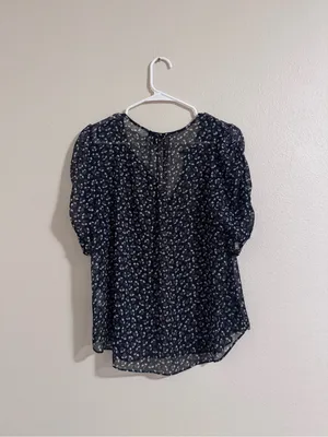 J. Crew Navy Floral V-Neck Puff Sleeve Blouse thumbnail 4