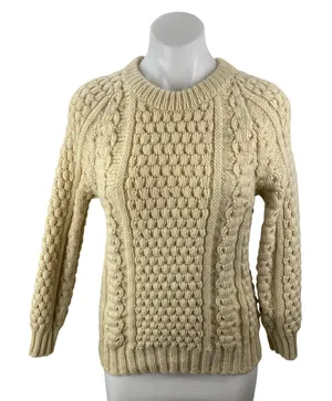 Arans Women's Cream Cable Knit Crew Neck Raglan Sleeve Fisherman Sweater Top S thumbnail 1