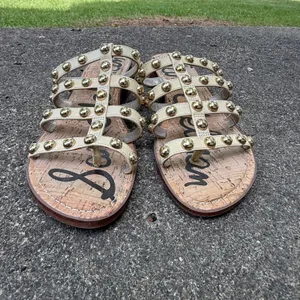 Sam Edelman Women Ivory Leather Studded Cage Slide Sandals Cork Block Heel Sz 8 thumbnail 2