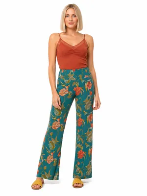 O’Neill Teal Floral Wide Leg Pants Smocked Waist Boho Resort Coastal Small Beach thumbnail 3