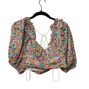 For Love & Lemons Multi Color Floral Claude Puff Sleeve Crop Top Size XS thumbnail 3