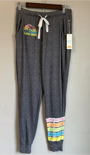 C&C California Heather Gray Palm Tree Rainbow Tie-Dye Joggers Pants Size M NWT thumbnail 1