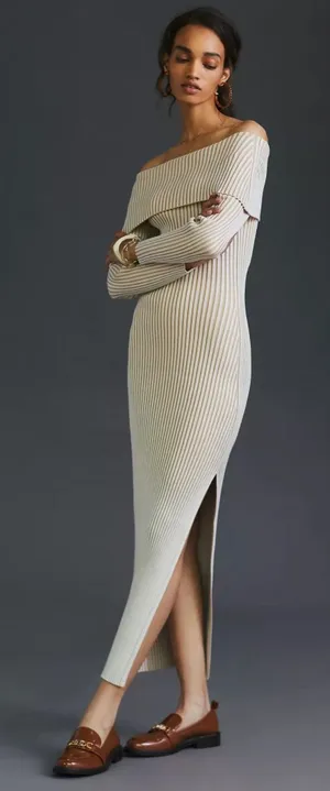 Anthropologie Off-The-Shoulder Sweater Midi Dress Cream‎ Beige Tan Size XL thumbnail 1