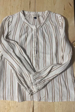 Universal Threads Womens‎ Large White Tan Striped Cotton Gauze Henley Blouse Top thumbnail 1