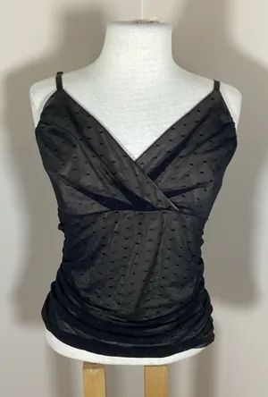 White House Black Market Black Polka Dot Mesh Surplice Cami Top Size L thumbnail 1
