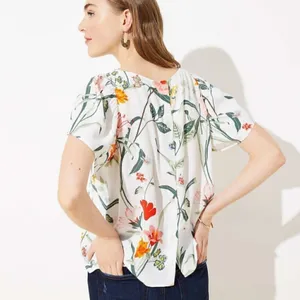 Loft Women's Size‎ Small Floral Button Back Blouse White Flutter Sleeve Flowy thumbnail 2