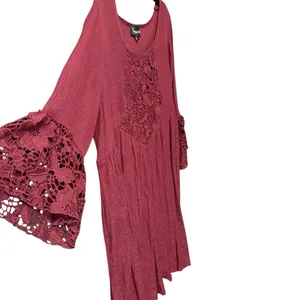 Frazzle Burgundy Lace Crochet Bell Sleeve Boho Mini Tunic Dress Large Wine Red thumbnail 4