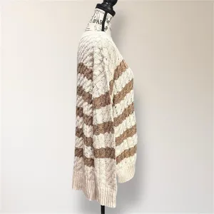 Pilcro Anthropologie M Cream Tan Stripe Cable Knit Sweater Oversized‎ Cozy Cabin thumbnail 3
