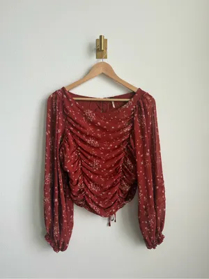 Free People L Ruched Floral Chiffon Open Back Blouse Balloon Sleeve Boho Top thumbnail 2