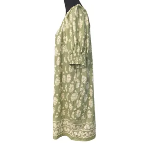 Crown &‎ Ivy Green Ivory Floral Cotton Dress Square Neck Puff Sleeve Med Resort thumbnail 3