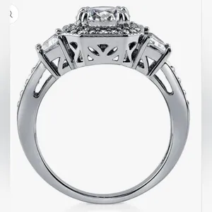 Sterling Silver Round Cubic Zirconia Halo Art Deco Ring (5) thumbnail 5