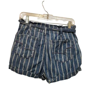 American Eagle Blue Striped Denim Belted Pleated Cotton Paperbag Shorts Size 4 thumbnail 2