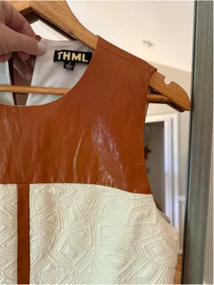 Women's THML White & Brown Sleeveless Dress S MIXED MEDIA TEXTURED MIDI-CREAM thumbnail 6