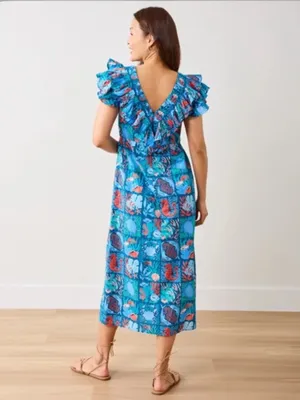 Printfresh Lola Midi Dress ruffle Nautical Tiles Seaside ocean animals fish reef thumbnail 4